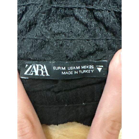 Zara Black Rib Knit Ruffle Mock Neck Half Sleeve Mini Shift Sweater Dress Size M - Picture 3 of 3